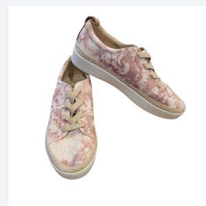 Spenco Women's Malibu Lace Sneaker in Blush Pink Marbled Print Canvas w Jute